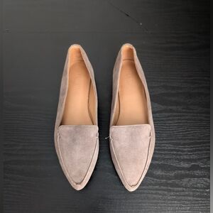 J.Crew Suede Pointed Toe Loafers Gold Detail Heel Taupe Grey Flats Shoes SZ 7.5